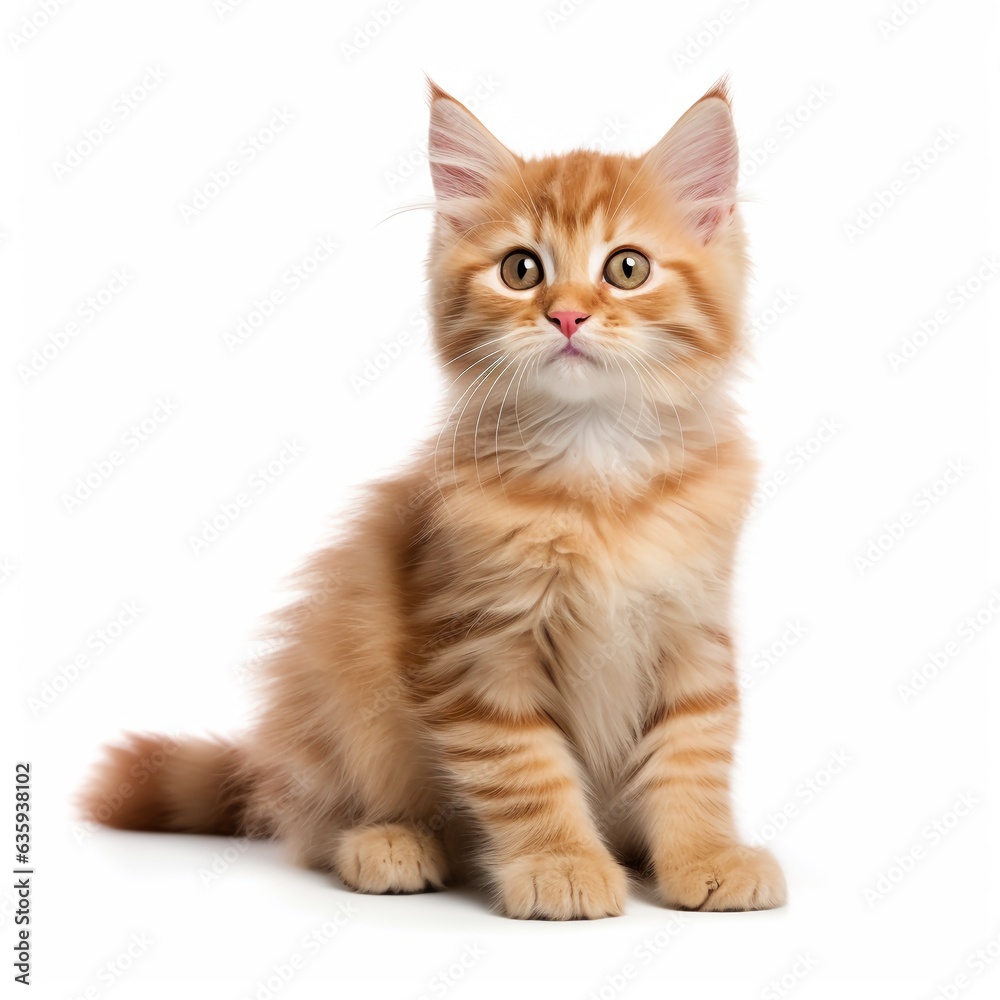 Cute orange tebby kitten sits isolated on white
