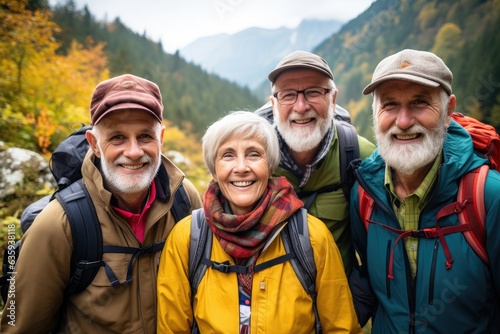 Group of senior people hiking through the forest and mountains together