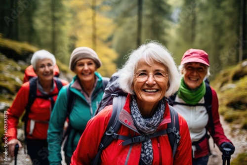 Group of senior people hiking through the forest and mountains together