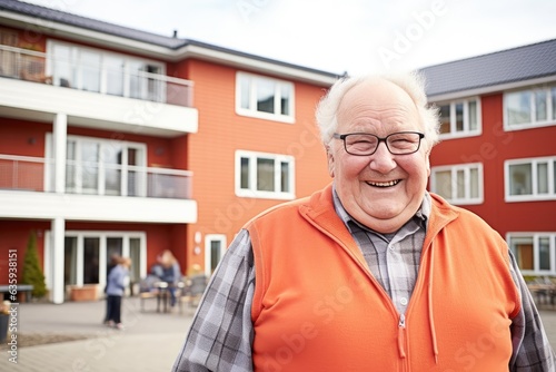 Portrait of a senior caucasian man smiling and looking at camera outside of an apartment complex photo