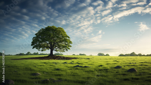 A large tree stands alone in the middle of a lush meadow