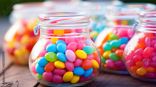 A group of glass jars filled with candy