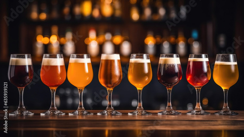 Canvas Print Variety in Brews: Glasses of Craft Beer Arranged on a Bar Counter