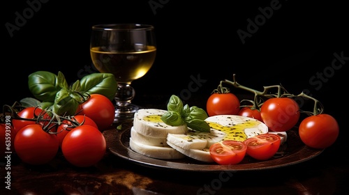 a plate of cheese, tomatoes, and basil next to a glass of wine. generative ai