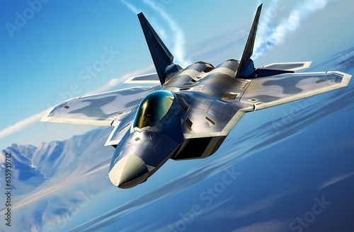 Military F 22 fighter jet flying