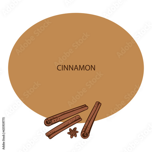 Cinnamon sticks label template background for text. Brown spice, rolled cinnamons, spicy seasoning plant vector illustration condiment For label, spice packaging, logo, card, banner. Hand drawn design photo