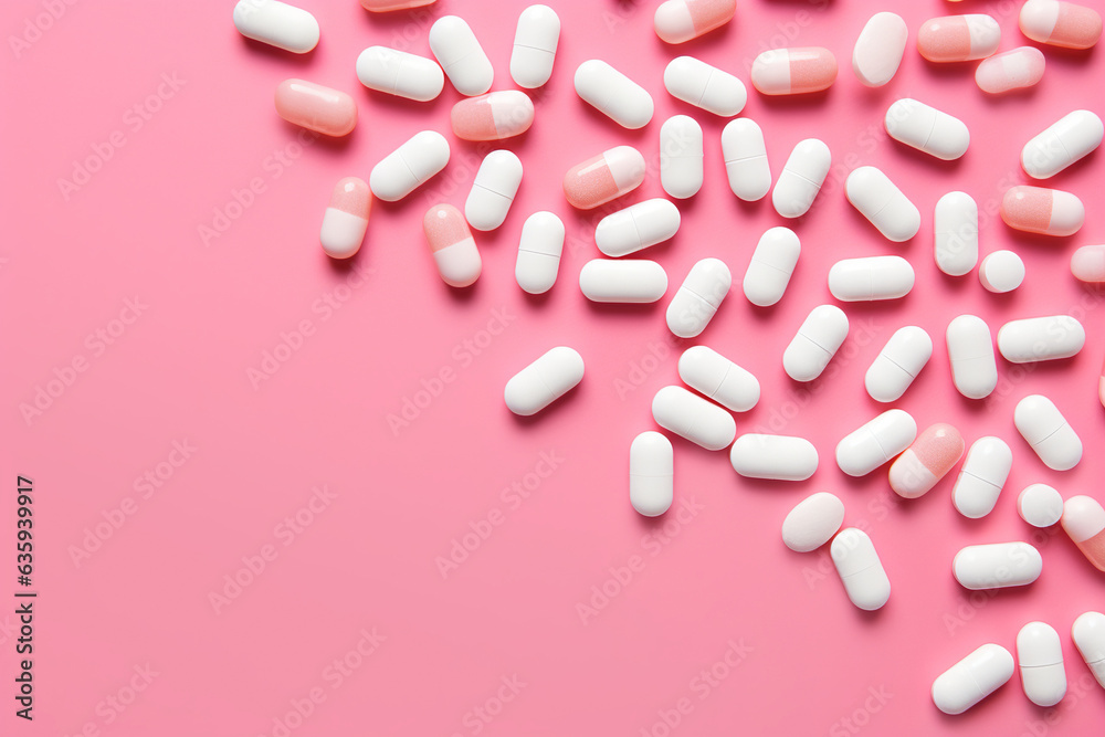Different pills on color background, flat lay Different pills on color background, flat lay