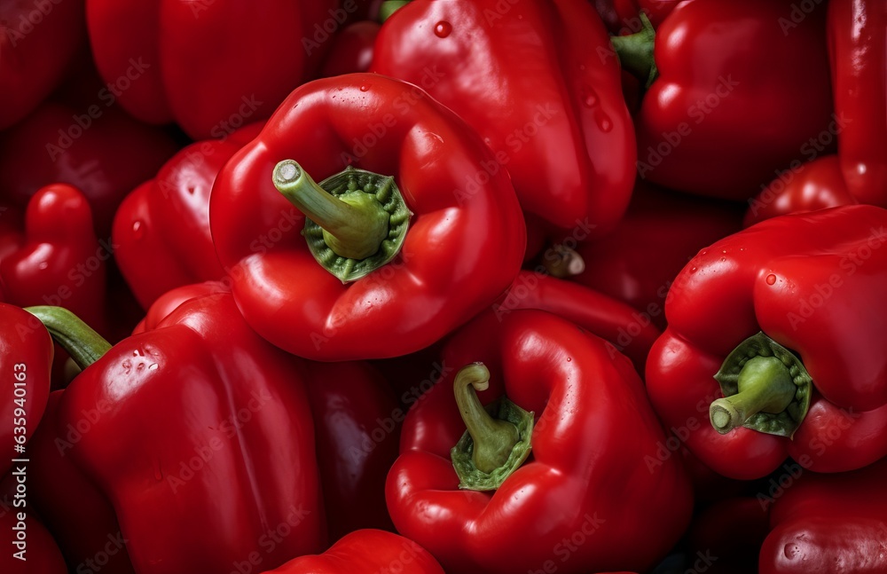 Red peppers on counter in the supermarket Red peppers on counter in the supermarket