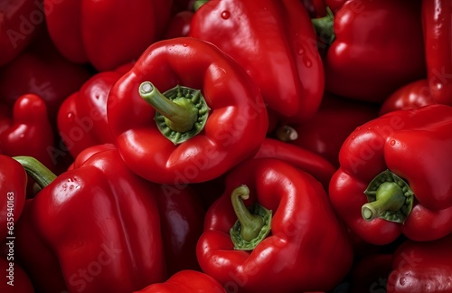 Red peppers on counter in the supermarket