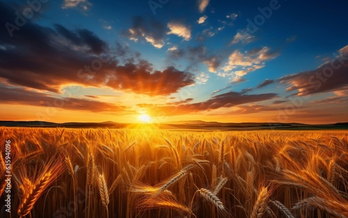Sunset Landscape with Ripe Wheat Field. Generative AI photo
