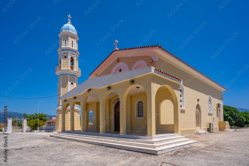 View of typical Greek Orthodox Church near Lakithra, Kefalonia, Ionian Islands, Greek Islands, Greece