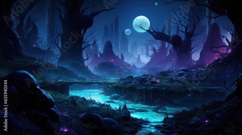 Futuristic wilderness at night  where bioluminescent plants and neon creatures thrive in an electrifying ecosystem