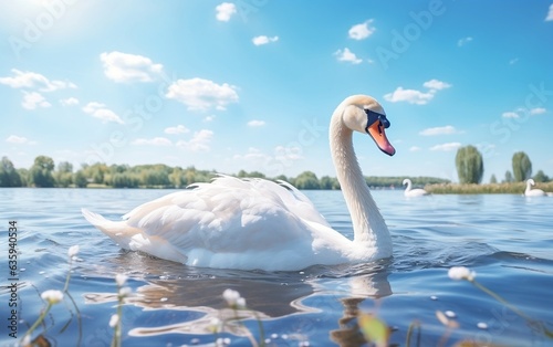Tranquil Swan on Blue Lake. Generative AI