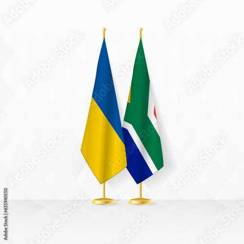 Ukraine and South Africa flags on flag stand, illustration for diplomacy and other meeting between Ukraine and South Africa.