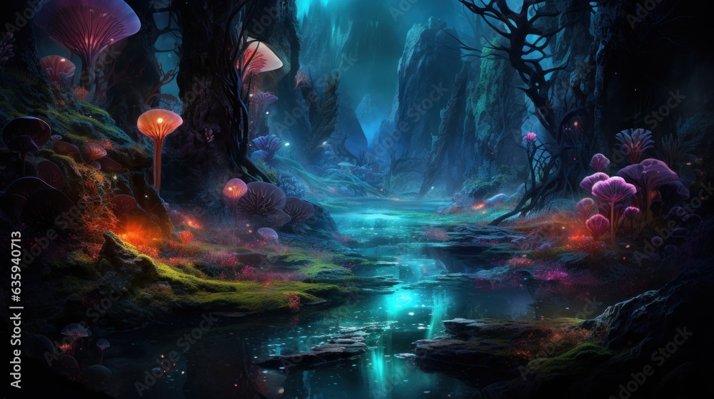 Futuristic wilderness at night, where bioluminescent plants and neon ...