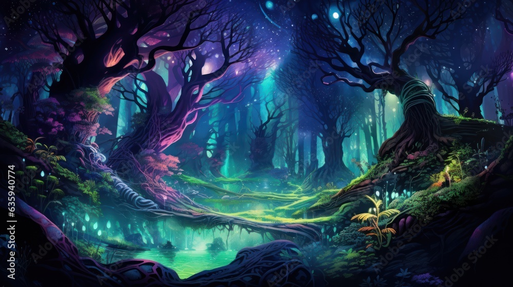 Fototapeta premium Futuristic wilderness at night, where bioluminescent plants and neon creatures thrive in an electrifying ecosystem
