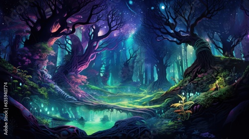 Foto Futuristic wilderness at night, where bioluminescent plants and neon creatures t