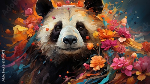  a painting of a panda bear surrounded by flowers and leaves. generative ai
