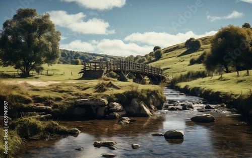 River Crossing Rustic Wooden Bridge. Generative AI