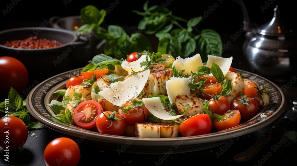 Mozzarella cheese with cherry tomatoes, balsamic and basil. The concept of organic salad of Mediterranean cuisine. Generative AI.