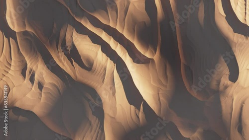 Dawn in the desert, aerial dolly shot from the top. 3d animation.