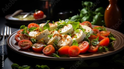 Mozzarella cheese with cherry tomatoes  balsamic and basil. The concept of organic salad of Mediterranean cuisine. Generative AI.