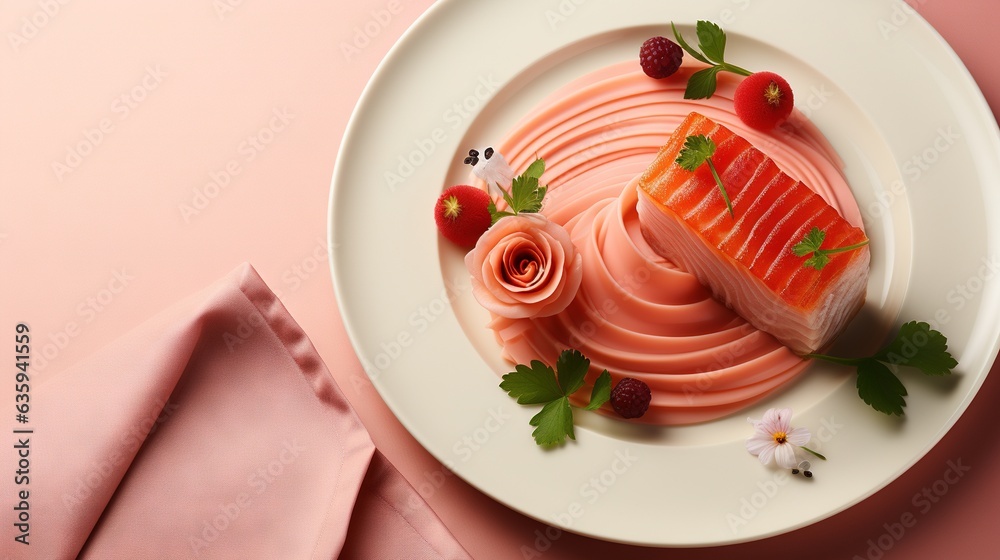  a piece of salmon on a plate with a flower decoration.  generative ai