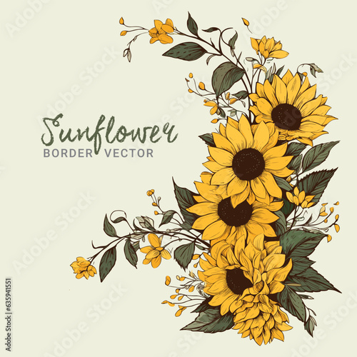 Hand drawn sunflower corner border design Vector