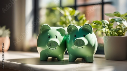 Two green colored coin boxes stand on a windowsill in the sunlight and smile