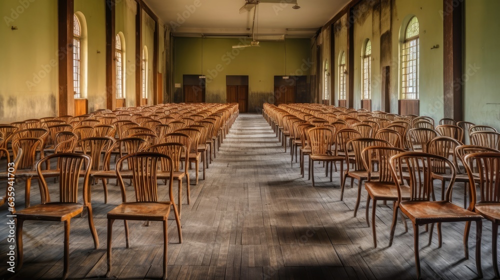 A vast, vacant university classroom with wooden chairs. A college lecture hall with well organized hardwood chairs. Empty classroom with antique looking wooden chairs. returning to school concept