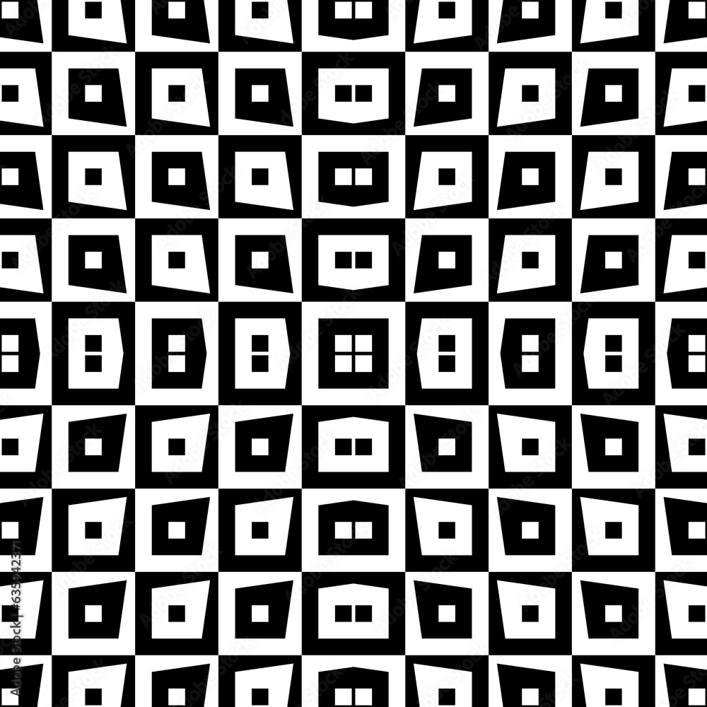 Repeated black figures on white background. Ethnic wallpaper. Seamless surface pattern design with quadrangles ornament. Polygons motif. Digital paper for textile print, web designing. Vector art Repeated black figures on white background. Ethnic wallpaper. Seamless surface pattern design with quadrangles ornament. Polygons motif. Digital paper for textile print, web designing. Vector art