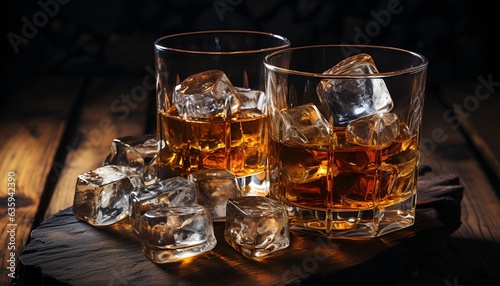 glass of whiskey on rustic wood with ice 