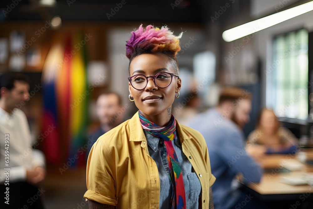 Stylish Woman with Pink Hair and Glasses in Professional Office Setting