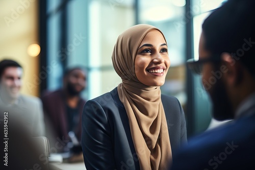 Welcoming Woman in Hijab Smiles at Diverse Group of People