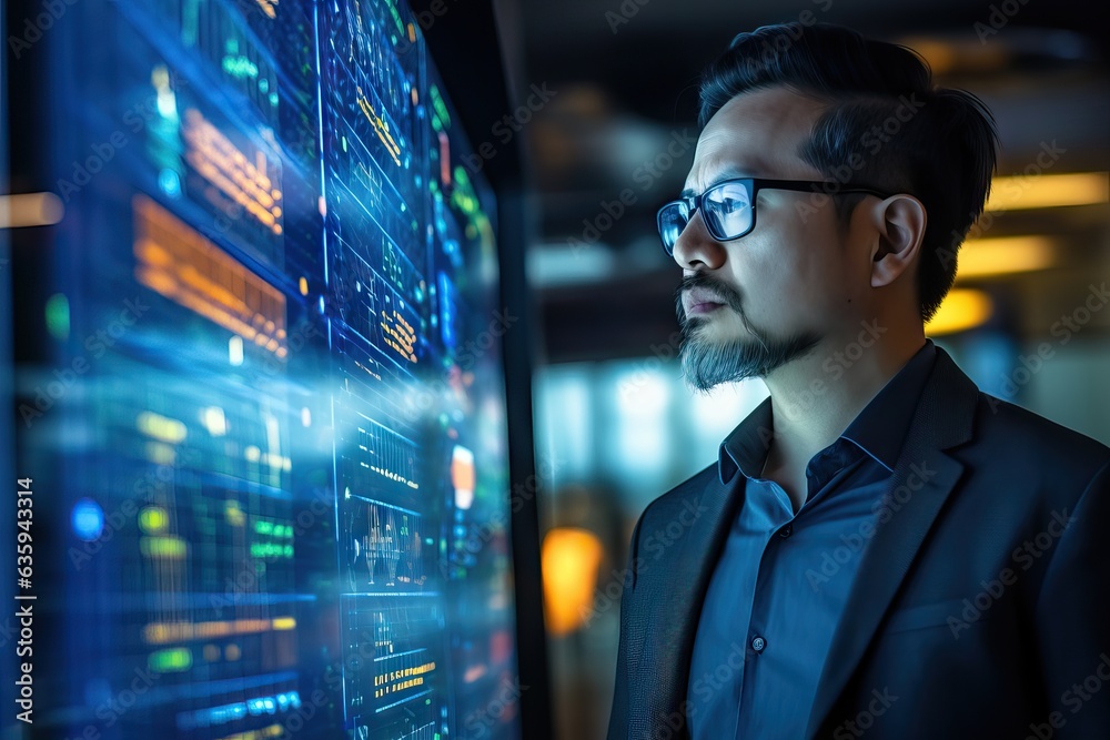 Analytical Insight: Man in Glasses Examines Large Data Display Analytical Insight: Man in Glasses Examines Large Data Display