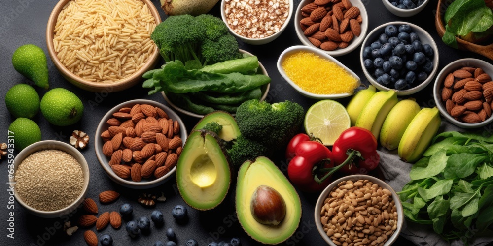 Carbohydrate rich meals on a gray background. Vegan meals high in fiber, antioxidants, vitamins, and minerals Carbohydrate rich meals on a gray background. Vegan meals high in fiber, antioxidants, vitamins, and minerals