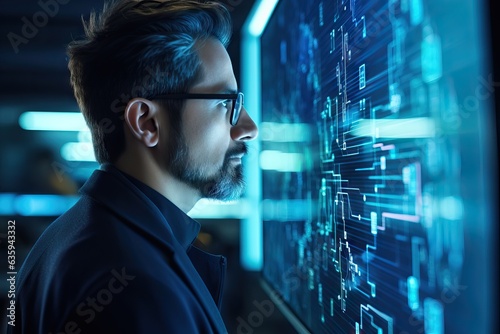 Focused Professional: Man with Glasses Engages Computer Screen