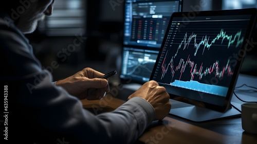 Financial analyst in suit examining investment portfolio charts on a digital device screen, ai generative