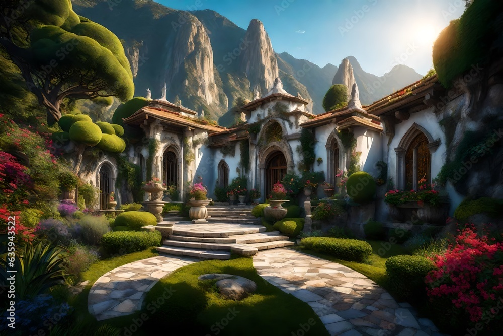 Obraz premium In a town of angels, the architecture and environment reflect the beauty and serenity of celestial beings - AI Generative