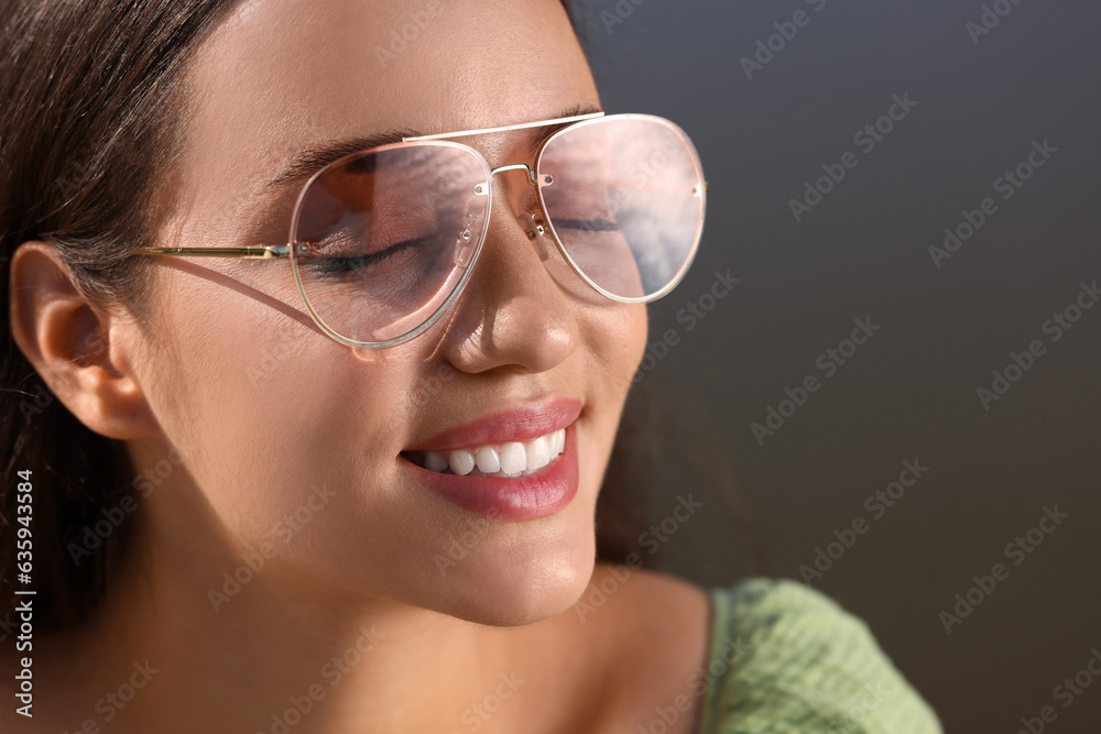 Beautiful woman in sunglasses outdoors, closeup. Space for text Beautiful woman in sunglasses outdoors, closeup. Space for text