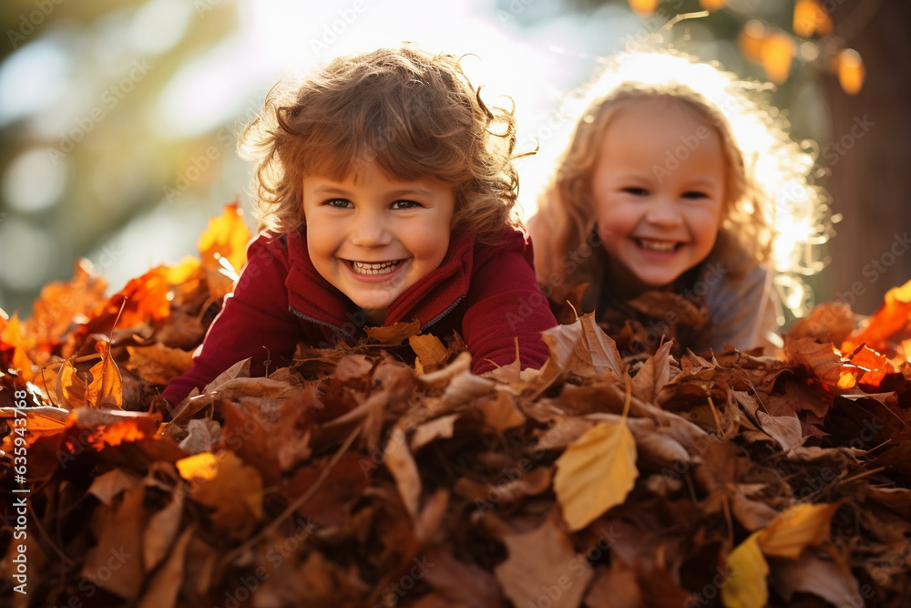Children Playing in a Pile of Colorful Leaves, Thanksgiving, natural light, affinity, bright background Generative AI Children Playing in a Pile of Colorful Leaves, Thanksgiving, natural light, affinity, bright background Generative AI