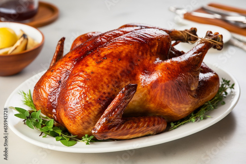 Roast Turkey with Golden Brown Skin, Thanksgiving, natural light, affinity, bright background Generative AI
