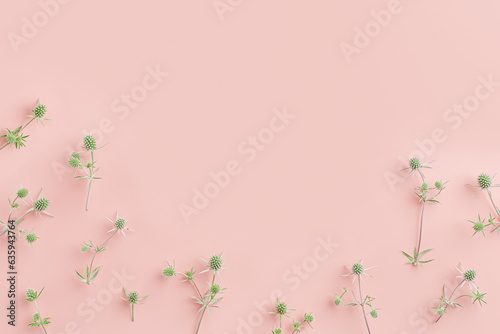Obraz na plátne Botanical design frame, natural wild flowers pattern, minimal style, green prickly plants on pastel pink background, copy space