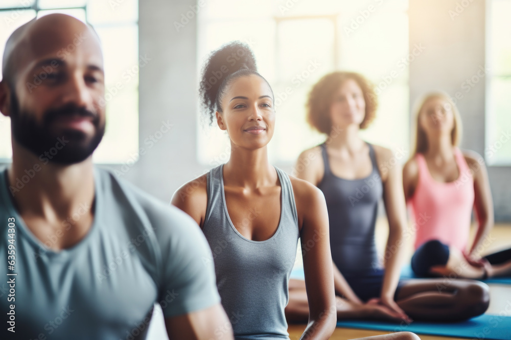 Fototapeta premium Group of mixed race smiling people practicing yoga in the gym