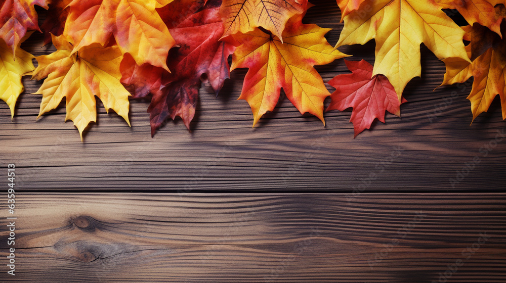 Colorful Fall Leaves Scattered on a Wooden Surface, Thanksgiving background, wide banner with copy space area Generative AI Colorful Fall Leaves Scattered on a Wooden Surface, Thanksgiving background, wide banner with copy space area Generative AI