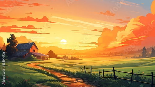 Autumn landscape with grassland  orange view of sunset.Concept Art Scenery. Book Illustration. Video Game Scene. Serious Digital Painting. CG Artwork Background. Generative AI 