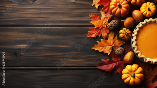 Pumpkin Pie on a Vintage Wooden Table, Thanksgiving background, wide banner with copy space area Generative AI