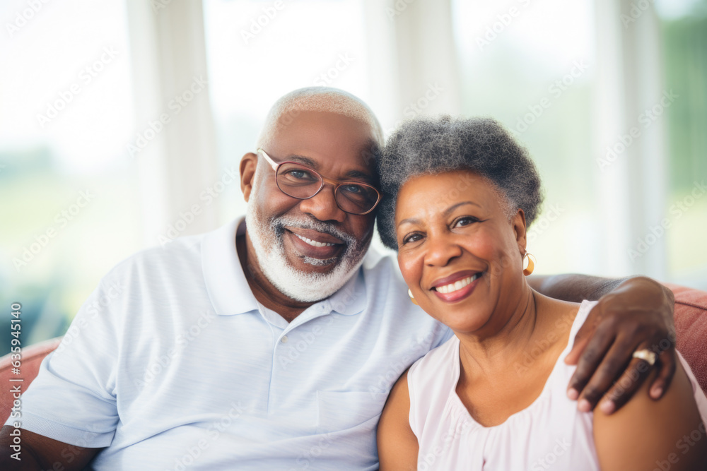 Portrait of a happy, smiling black senior couple at family gathering indoors Portrait of a happy, smiling black senior couple at family gathering indoors