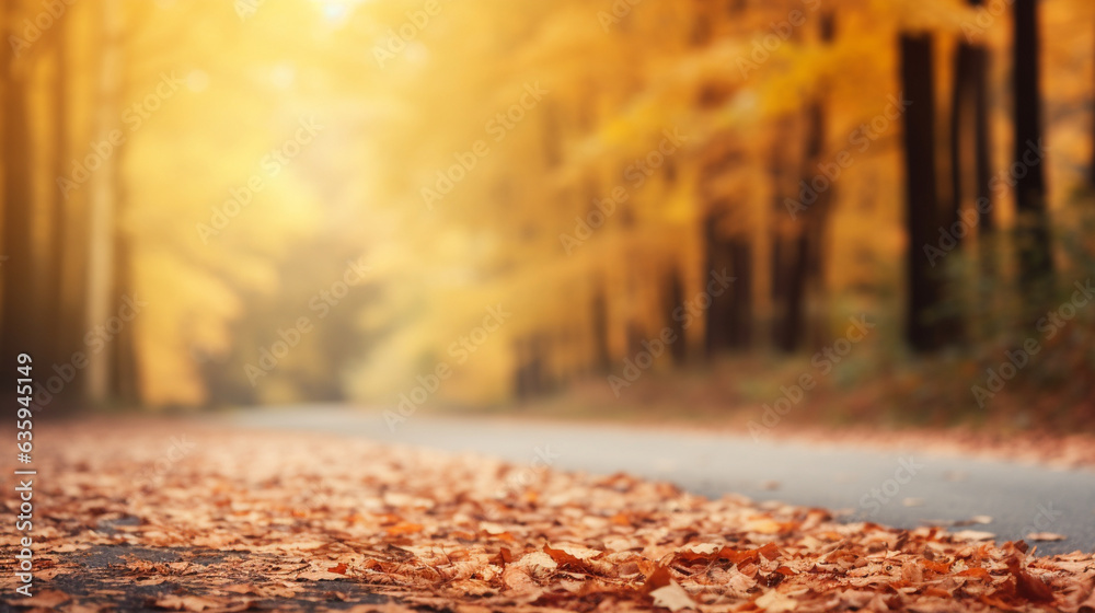 Country Road through Autumn Forest, Thanksgiving background, wide banner with copy space area Generative AI