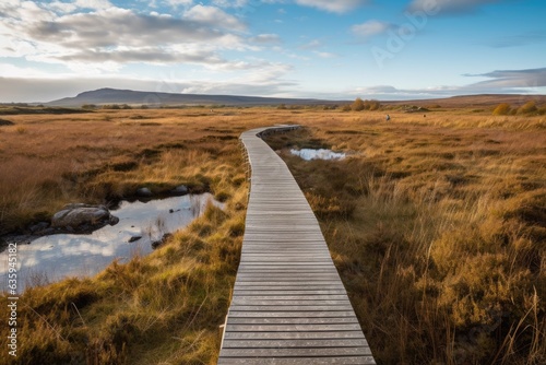 A wooden walkway leads to a far horizon with a beautiful sky in Mountain Park.